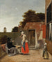 En mand, der ryger, og en kvinde, der drikker i en gård - Pieter de Hooch — visning af kunstværket