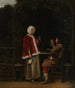 En kvinde og to mænd i en lysthus - Pieter de Hooch — visning af kunstværket
