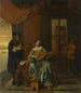 En indendørs scene med en kvinde, der spiller lut, og en mand, der spiller violin - Pieter de Hooch — visning af kunstværket