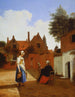 Delft gårdsplads om aftenen, en kvinde der spinder - Pieter de Hooch — visning af kunstværket
