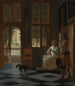 En mand giver en brev til en kvinde i entréen af et hus - Pieter de Hooch — visning af kunstværket