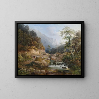 Pieter Francis Peters - Gebirgige Flusslandschaft mit Figurenstaffage.webp