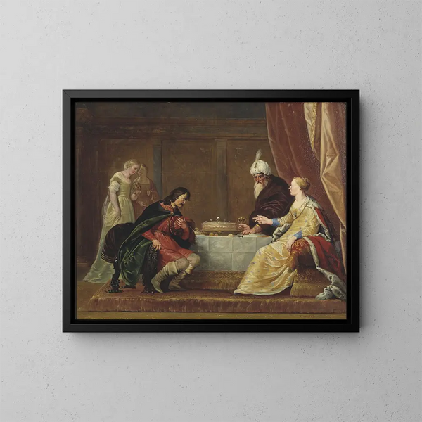 Esther, Assuérus og Haman - Pieter Fransz de Grebber — indrammet kunstværk på væggen