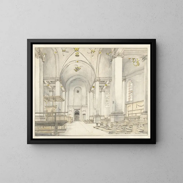 Vue de la nef de la Nieuwe Kerk de Haarlem en regardant vers l'ouest - Pieter Jansz Saenredam — indrammet kunstværk på væggen