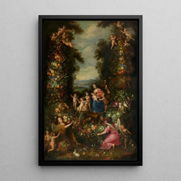 La Sainte Famille avec le petit Saint Jean-Baptiste entourée d'une guirlande de fleurs légumes et fruits - Pieter van Avont — indrammet kunstværk på væggen