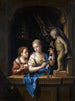 to piger med blomster nær en Cupid-statue - Pieter van der Werff — visning af kunstværket