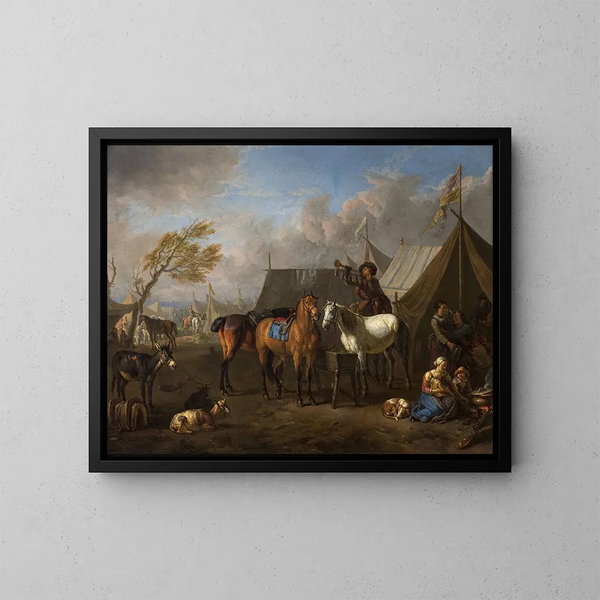 campingscene med en trompetist - Pieter van Bloemen — indrammet kunstværk på væggen
