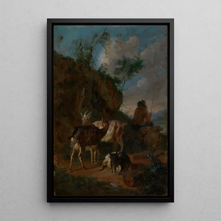 Pieter van Bloemen - Three goats and shepherd with sheep.webp