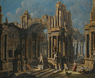 Pietro Capelli - An Architectural Capriccio With A Statue Of Hercules And Figures In Classical Costume.webp