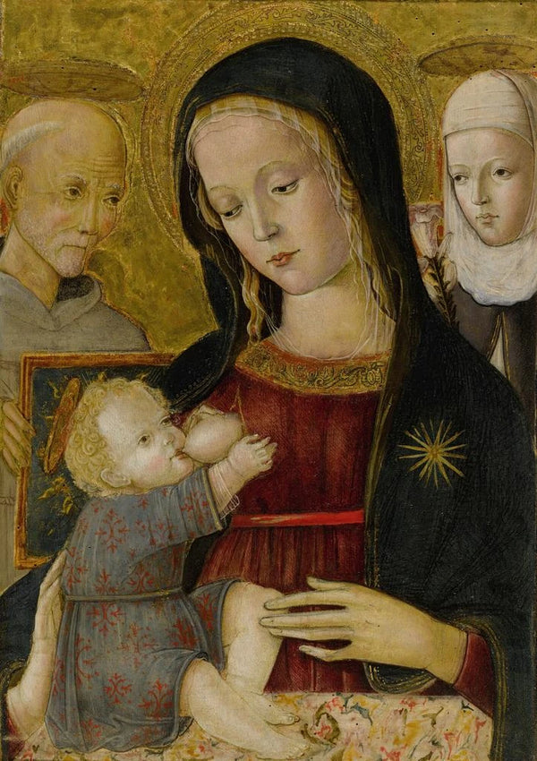 Jomfru med Barnet med Sankt Bernardin og Sankt Catherine af Siena - Pietro di Domenico — indrammet kunstværk på væggen