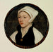 Portræt af en ung kvinde med en hvid hat - Hans Holbein den Yngre — vist i et interiør
