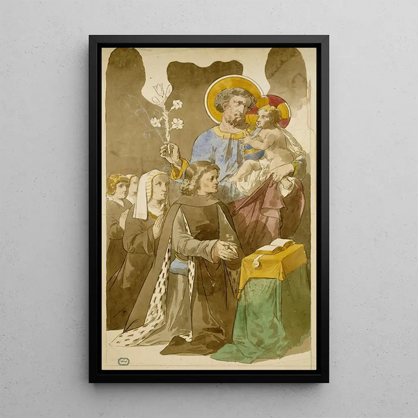 Saint Joseph og Jesusbarnet blandt en bønnefamilie - Prosper Lafaye — indrammet kunstværk på væggen