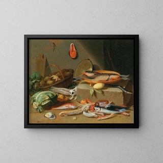 Pseudo Jan van Kessel II - A kitchen still life with fish vegetables and a cat.webp