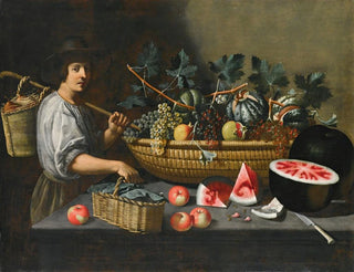 Pseudo Pietro Paolo Bonzi - A Still Life Of Grapes Melons And Pomegranates On A Stone Ledge With A Figure Carrying A Basket On The Left.webp