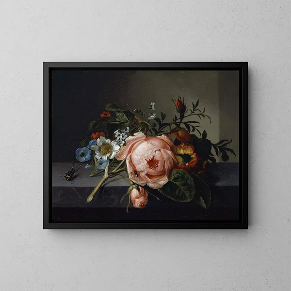 Naturstilleben med en rosegren, en skarabæ og en bi - Rachel Ruysch — indrammet kunstværk på væggen