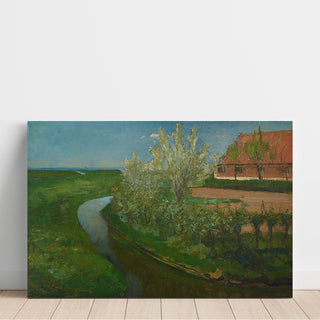 Reproduction Fossé d'irrigation courbé bordant une cour de ferme avec des arbres en fleurs - Piet Mondriaan
