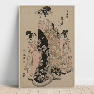 Reproduction La courtisane Hinazuru de Chojiya avec ses suivantes Tsuruji et Tsuruno - Kitagawa Utamaro