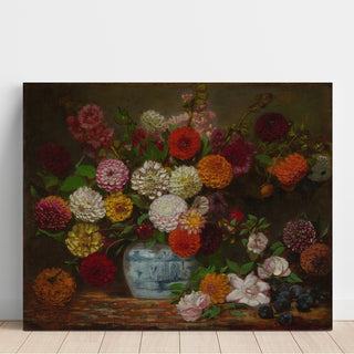 Reproduction Nature morte aux dahlias, zinnias, roses trémières et prunes - Eugène Delacroix