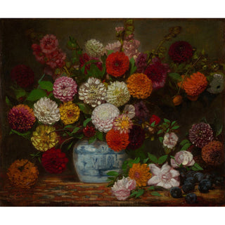 Reproduction Nature morte aux dahlias, zinnias, roses trémières et prunes - Eugène Delacroix
