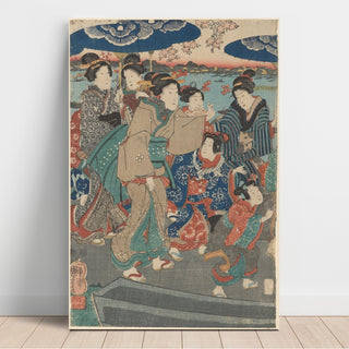 Reproduction Sept figures féminines, deux parapluies - Utagawa Kuniyoshi