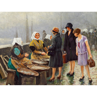 Reproduction Trois jeunes dames achètent du poisson frais à Gammel Strand - Paul Fischer