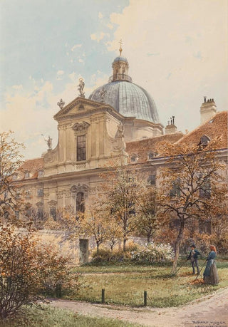 Richard Moser - A view of the church and monastery of the Visitation of the Virgin church of the Salesian sisters a gardener in the foreground.webp