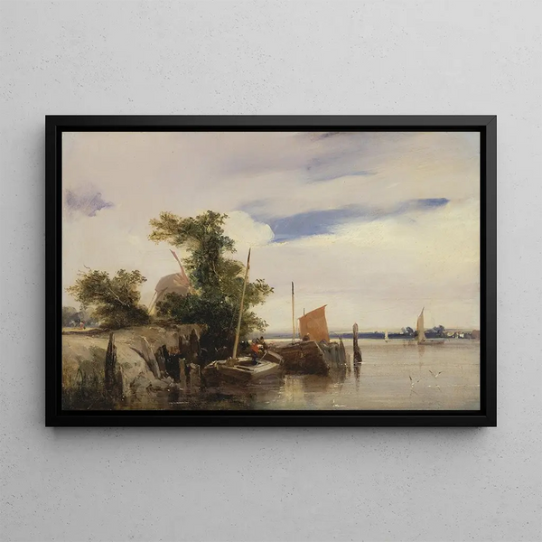 Péniches sur une rivière - Richard Parkes Bonington — indrammet kunstværk på væggen