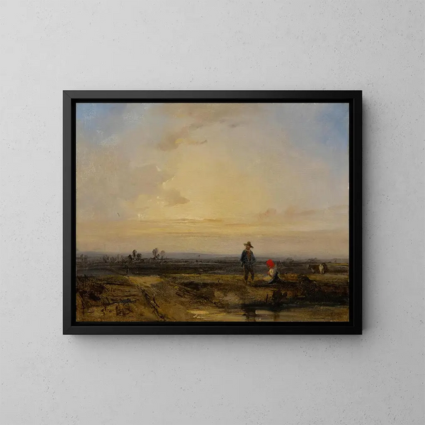 Landskab med solnedgang og figurer foran en dam - Richard Parkes Bonington — indrammet kunstværk på væggen