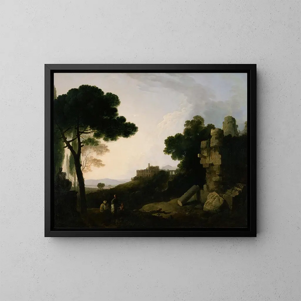 Landskab med Capriccio med Horats grav og Curiats grav og Mecenas' villa i Tivoli - Richard Wilson — indrammet kunstværk på væggen
