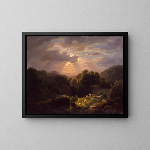 Landskabsmaleri med får - Robert S. Duncanson — indrammet kunstværk på væggen