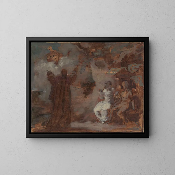 Prospero, der kalder et maske for Ferdinand og Miranda - Robert Smirke — indrammet kunstværk på væggen