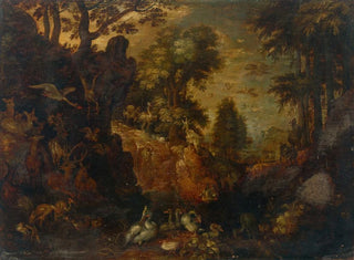 Roelant Savery - A rocky wooded landscape with birds deer and other animals.webp