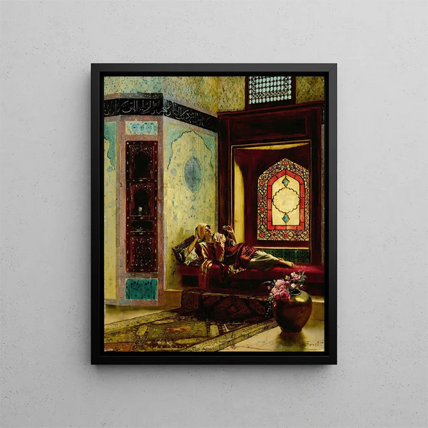 Dame orientale langerende med en rose - Rudolf Ernst — indrammet kunstværk på væggen