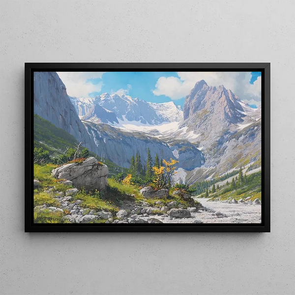Vue depuis la hytte i Höllentalanger mod Höllental-gletsjeren og Riffelwand-toppen - Rudolf Reschreiter — indrammet kunstværk på væggen