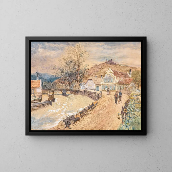 Motif af Wachau med Dürnstein-ruinen - Rudolf Weber — indrammet kunstværk på væggen