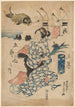 Kvinde, der holder en iris, kyst, stor fisk i baggrunden - Sadafusa Utagawa — visning af kunstværket