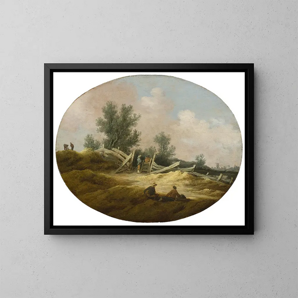 Landskabsmaleri med en træhegn og figurer - Salomon van Ruysdael — indrammet kunstværk på væggen