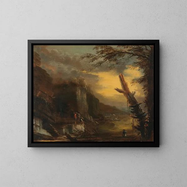 Figurer, der fisker i et kystlandskab med klipper - Salvator Rosa — indrammet kunstværk på væggen