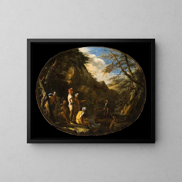 Landskab med mænd med våben - Salvator Rosa — indrammet kunstværk på væggen