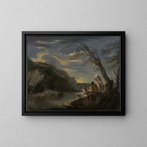 Landskabsmaleri med badende - Salvator Rosa — indrammet kunstværk på væggen