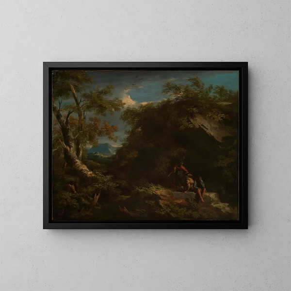 Landskabslandskab med bjergskove og hvilende krigere - Salvator Rosa — indrammet kunstværk på væggen