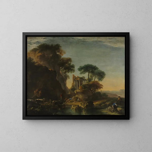 Ruiner i et klippefyldt landskab - Salvator Rosa — indrammet kunstværk på væggen