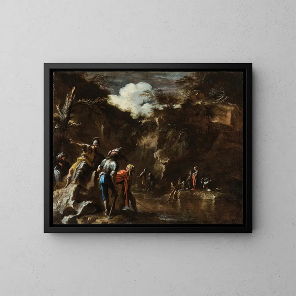 Scène af den græske histories: Thalès får floden til at flyde på begge sider af den lydiske hær - Salvator Rosa — indrammet kunstværk på væggen