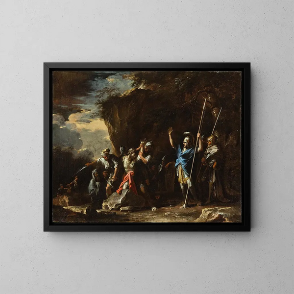Scène de l'histoire grecque: le fils muet du roi Crésus empêche les Perses de tuer son père - Salvator Rosa — indrammet kunstværk på væggen
