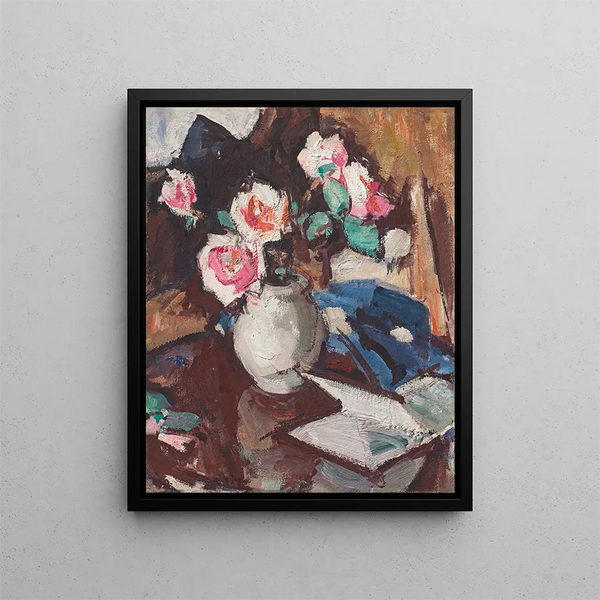 Lyserøde roser i en vase — Samuel John Peploe — indrammet kunstværk på væggen