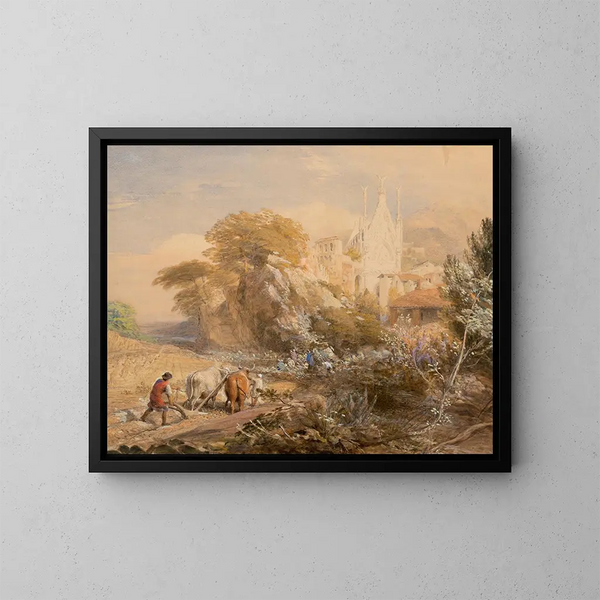 Champ de récolte og klosteret La Vocatella nær Corpo di Cava - Samuel Palmer — indrammet kunstværk på væggen
