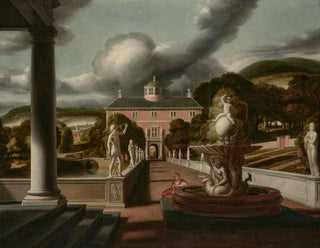 Vue d'une villa avec une femme assise à une fontaine et une allée de statues - Samuel van Hoogstraten — visning af kunstværket