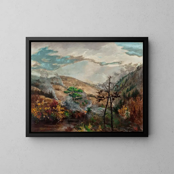 Store bjergrygende kunsttryk i Waynesville i North Carolina-bjergene - Sarah Ann Freeman Clarke — indrammet kunstværk på væggen