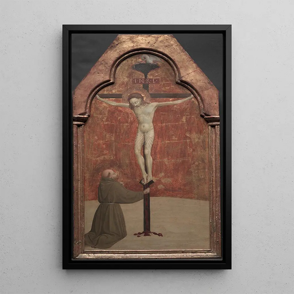Saint François på knæ foran Kristus på korset - Sassetta — indrammet kunstværk på væggen