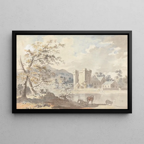 Sawrey Gilpin - Castle below mountains with horses by a river.webp